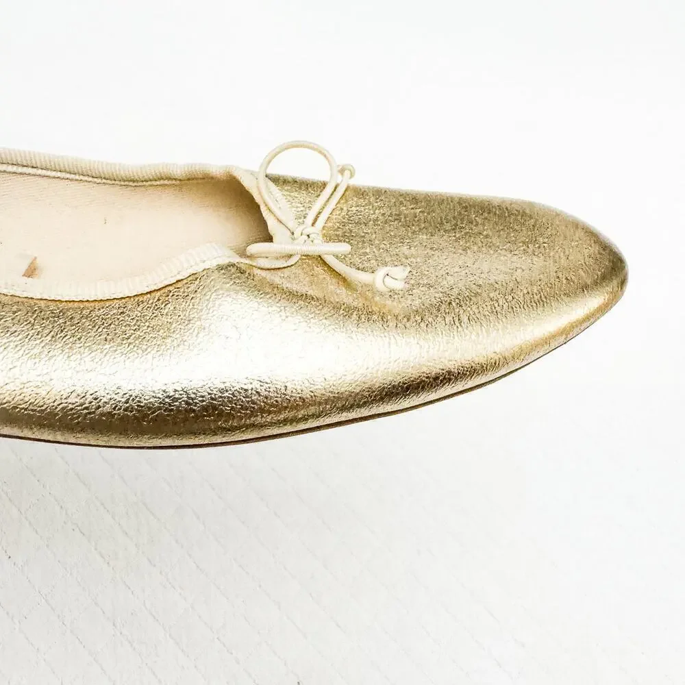 Zara Square Toe Flat Sandal Bow Front Accent Metallic Gold Size 36 EUC